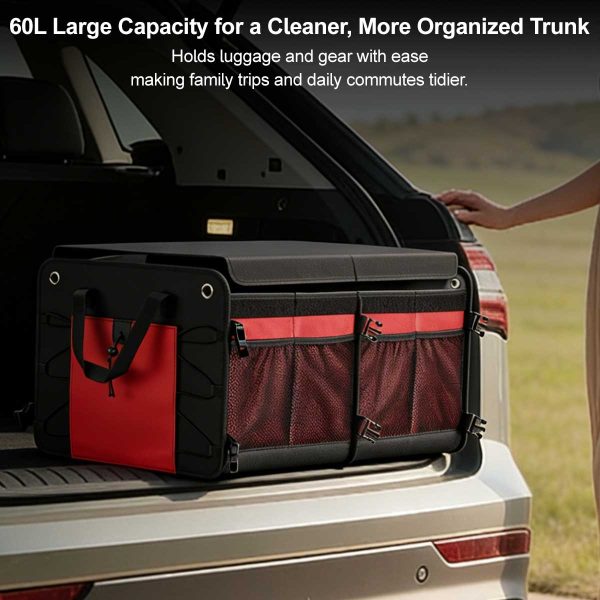 60l multi compartment car trunk organizer heavy duty waterproof foldable storage bin