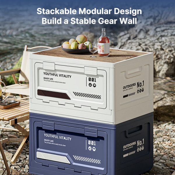 50l collapsible camping storage box with wood lid side opening stackable organizer & outdoor coffee table