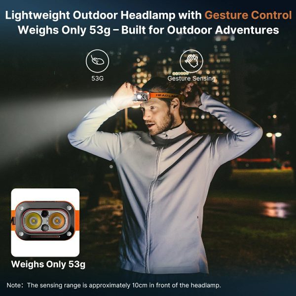 gesture control usb rechargeable ultralight 53g running headlamp waterproof led outdoor light