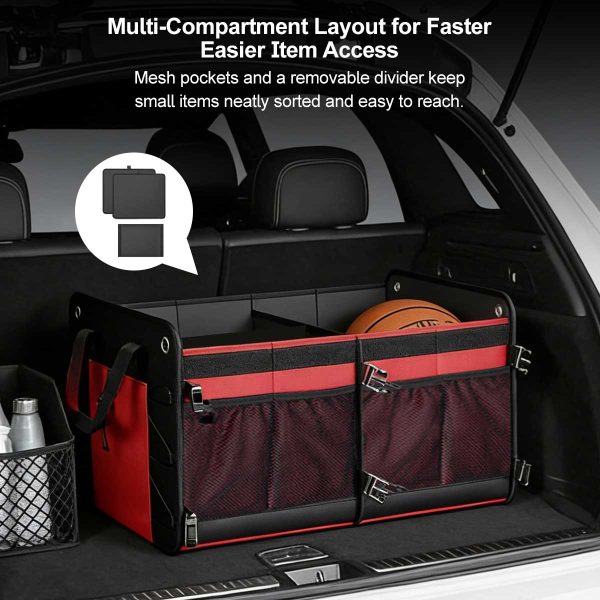 60l multi compartment car trunk organizer heavy duty waterproof foldable storage bin