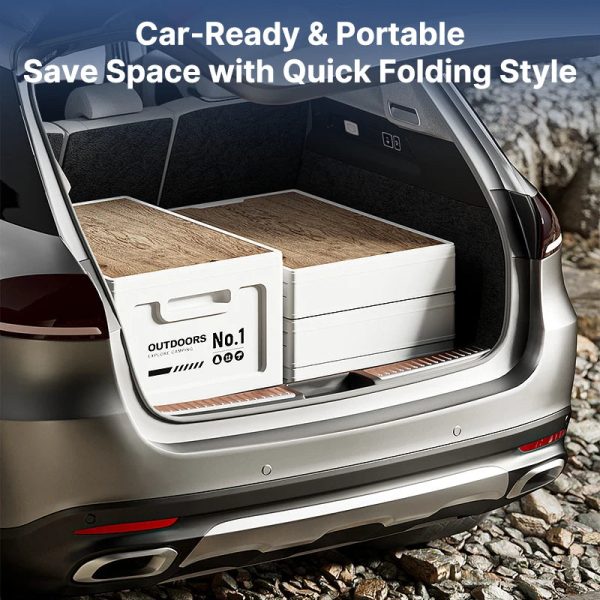 50l collapsible camping storage box with wood lid side opening stackable organizer & outdoor coffee table