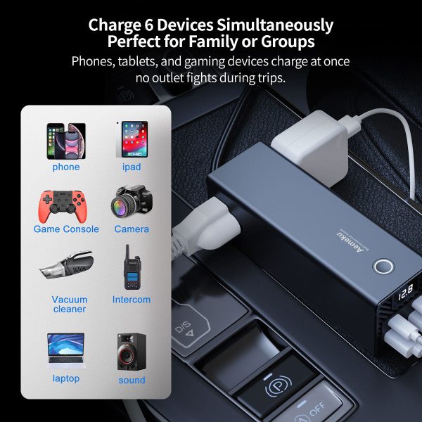 multi port car power inverter 2 ac outlets & 4 usb ports with lcd voltage display