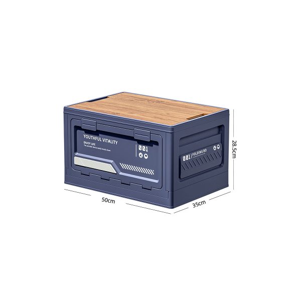 50l collapsible camping storage box with wood lid side opening stackable organizer & outdoor coffee table