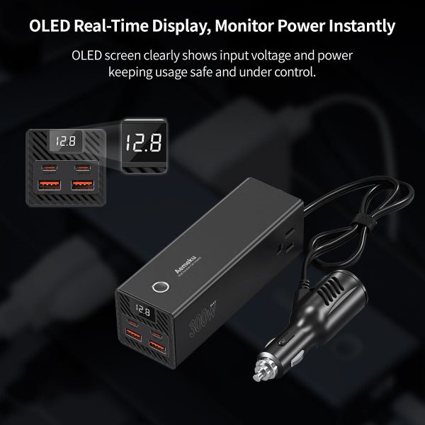 multi port car power inverter 2 ac outlets & 4 usb ports with lcd voltage display