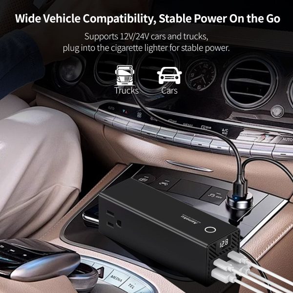 multi port car power inverter 2 ac outlets & 4 usb ports with lcd voltage display