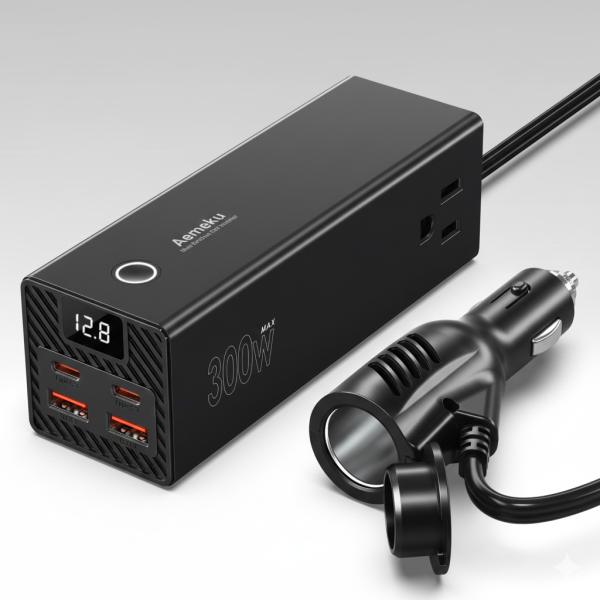 multi port car power inverter 2 ac outlets & 4 usb ports with lcd voltage display